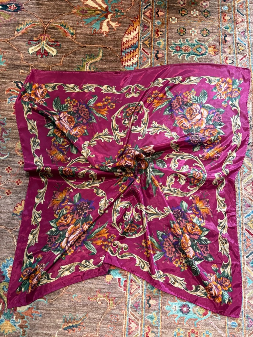 Vintage Floral Silky Scarf in Burgundy, Gold, Green & Purple